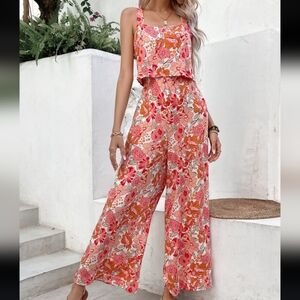 Floral Print Zippered Back Wide Leg Jumpsuit size XL